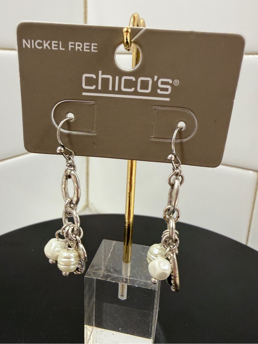 Chico's Silver-Tone Chain Drop Earrings with Cream Pearl Clusters
